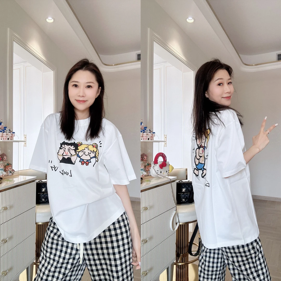 【91081美少女】大板型-夏季全棉女装休闲百搭显瘦显白减龄圆领T恤