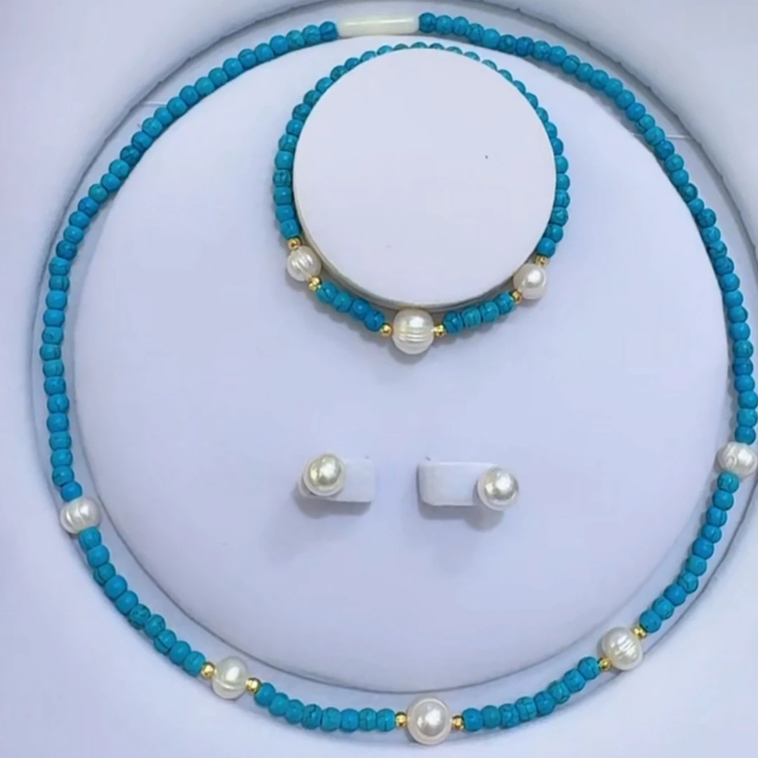 铁合金仿珍珠耳饰 搭配的新中式原创珍珠耳环珠宝套装饰品蓝色