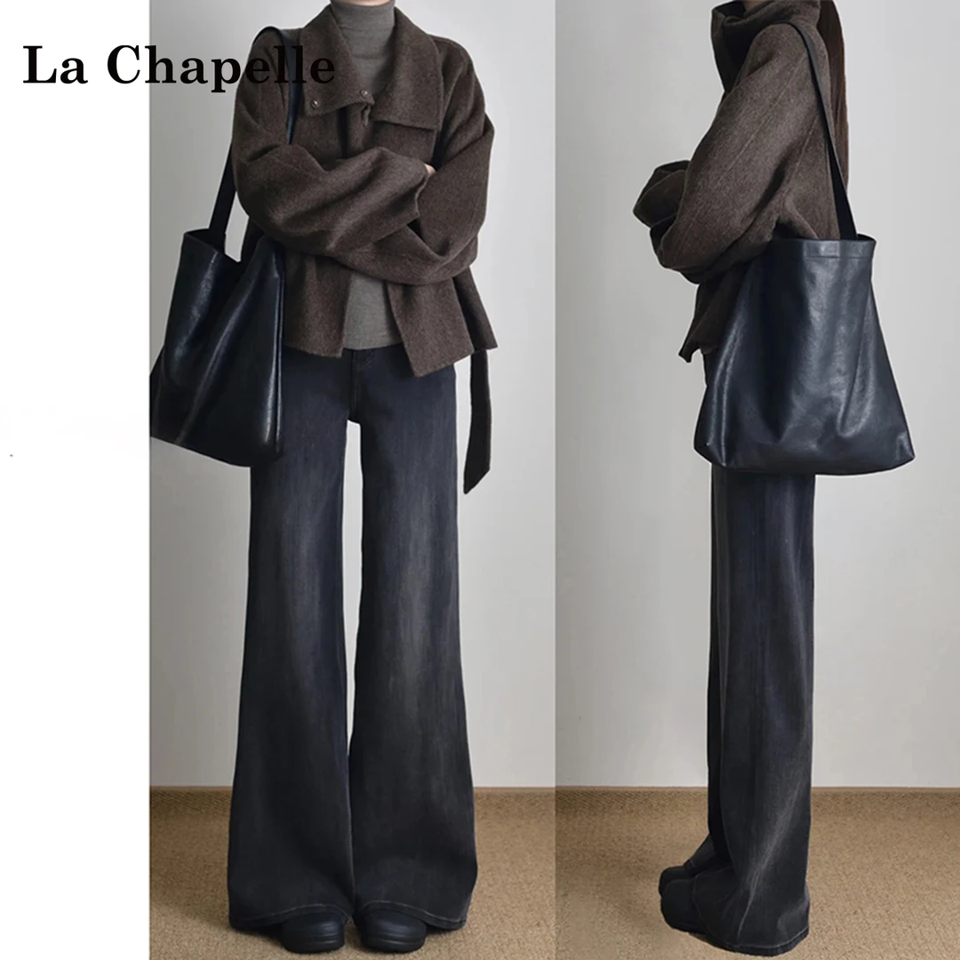 拉夏贝尔黑灰色加绒微喇牛仔裤女秋冬款高腰显瘦不贴腿马蹄喇叭裤