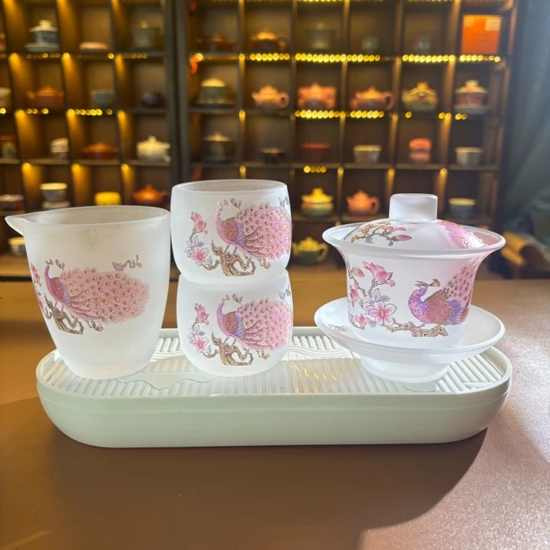 专属链接@@T556孔雀琉璃盖碗+两杯+公道杯+白色茶盘