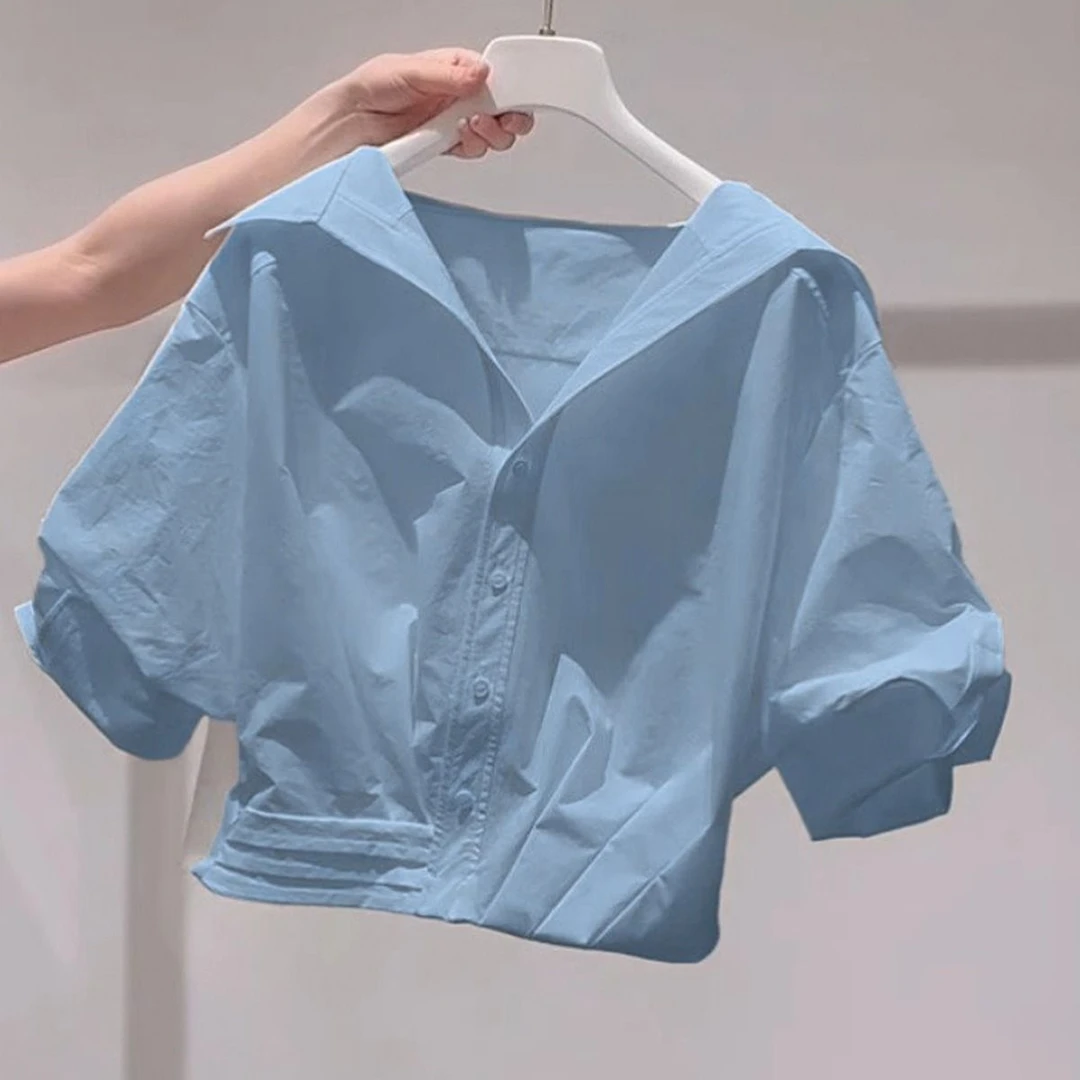 多巴胺新款翻领短袖衬衫女夏季新款慵懒风小个子甜美短款减龄衬衣