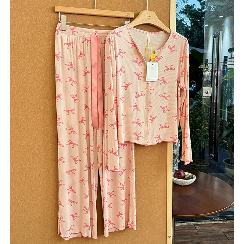 米诗缇【樱花粉蝴蝶结两件套】小众时尚潮牌设计可外穿两件套家居服