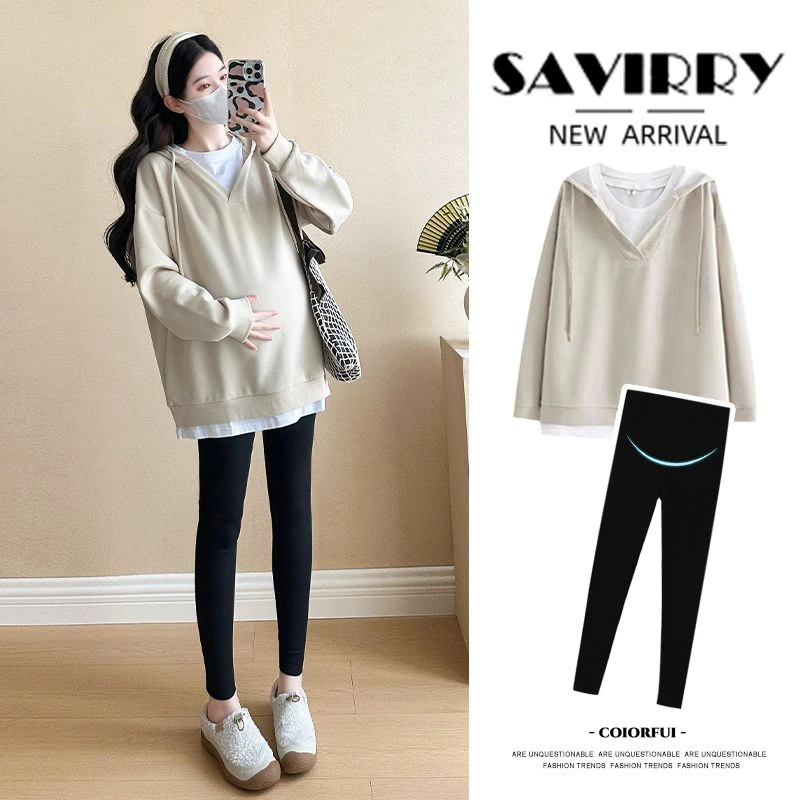 孕妇春秋季时尚连帽抽绳宽松休闲假两件孕妇卫衣网红长袖上衣