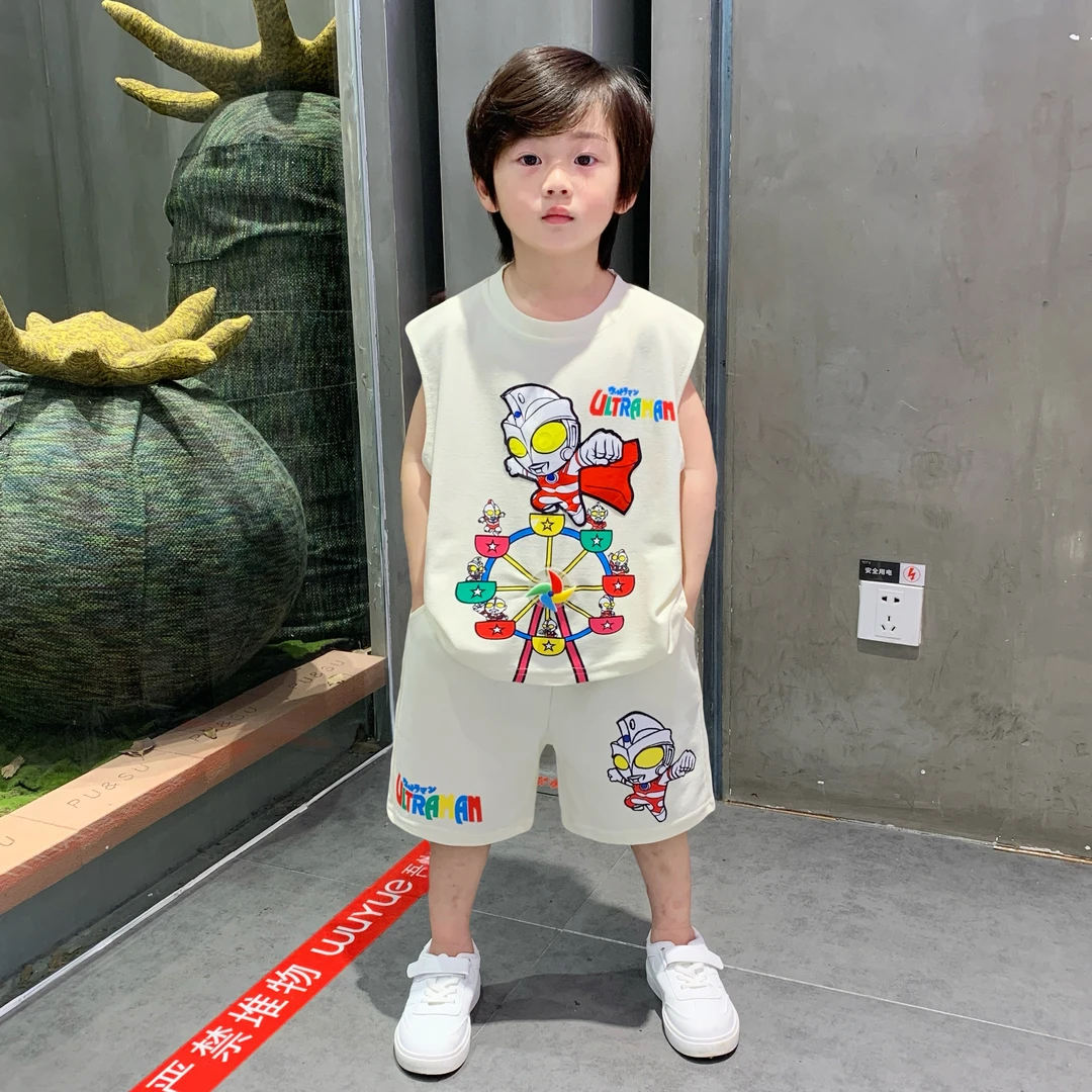 奥特曼套装男童夏季套装帅气小童洋气男孩无袖儿童卡通宝宝两件套