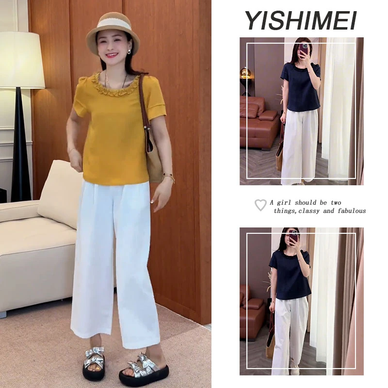 夏季时尚穿搭2025年新款爆款韩系简约短袖t恤显瘦休闲裤两件套装