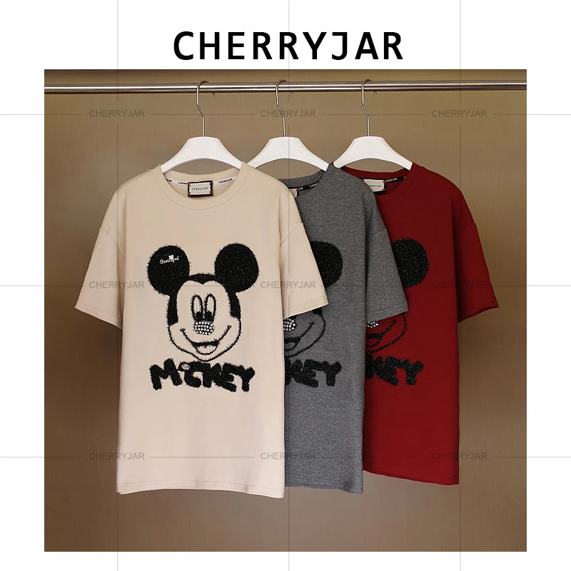Cherryjar【251085】纯色卡通米奇刺绣亮片点缀重工镶钻柔软T恤