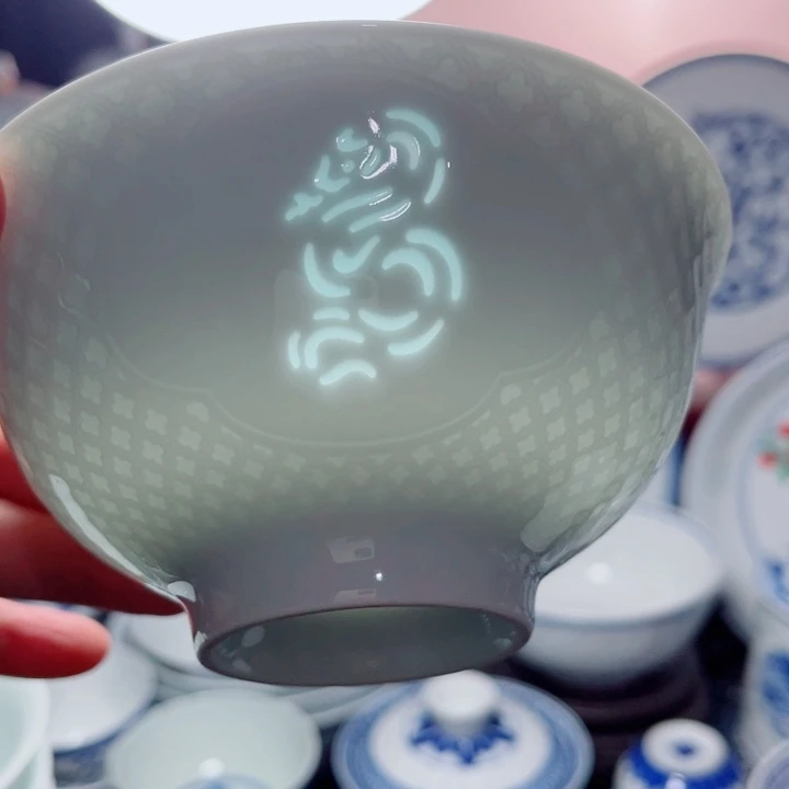 青花玲珑5寸饭碗生肖。蛇