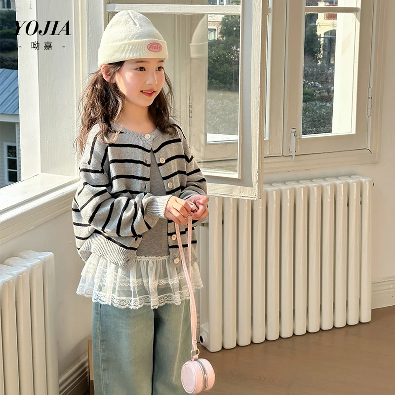 YOJIA女童针织衫春季2025新款时髦洋气大童纯棉线衣儿童毛衣开衫