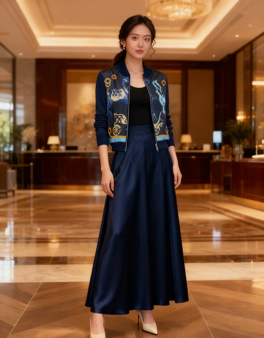 AW 25220 【蓝图骏马】2025秋 桑蚕丝印花拼接绢丝羊毛棒球服