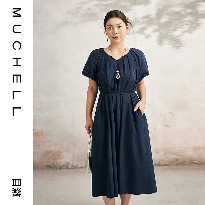 目澈MUCHELL夏季新款【赋予浪漫】大码鸡心领系带连衣裙MDS3LD1078