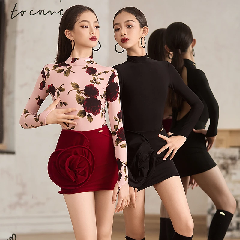 星辰拉丁舞服「复古蔷薇」修身长袖镂空背部花朵裙摆拉丁舞练功服