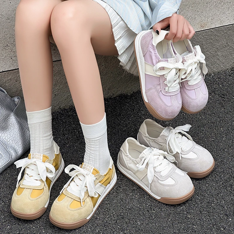 超软透气~真皮双色带平底德训鞋女2025春夏内增高网面运动休闲鞋