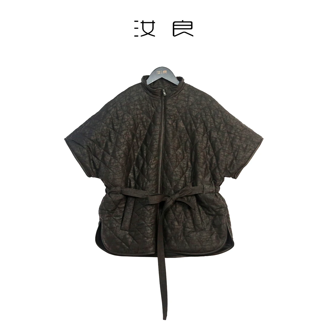 绗缝菱格立领绑带短外套