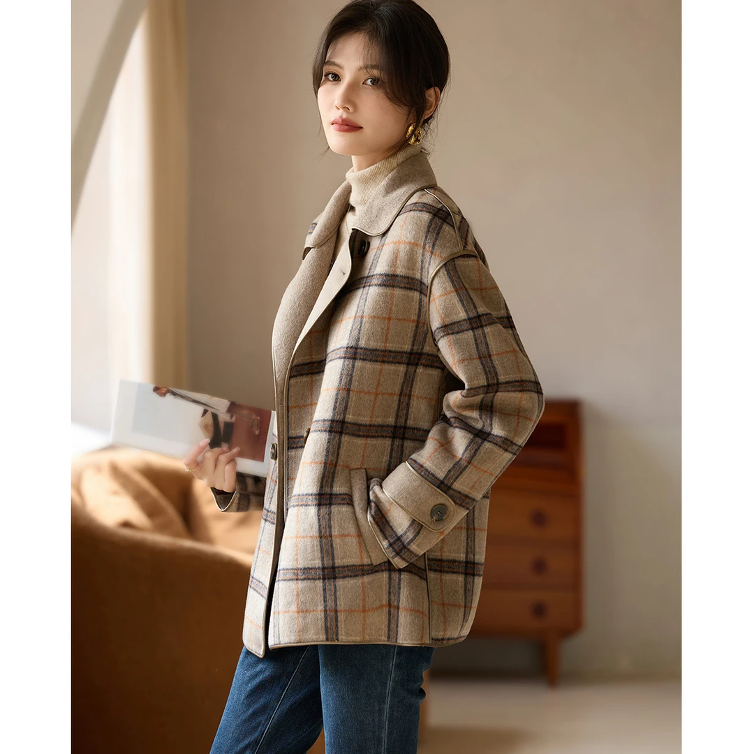 经典款格纹双面绵羊毛大衣2024冬季新款时尚一手长双面呢大衣