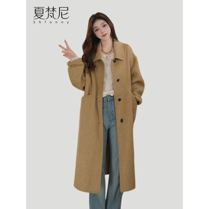 夏梵尼尔湾初雪2025冬季新款一字插袋宽松中长款双面呢大衣