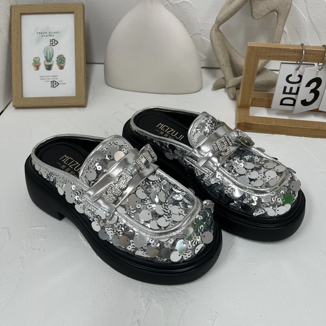 09-1208娃娃头亮片包头半拖鞋女新款水钻厚底博肯拖懒人鞋凉拖潮