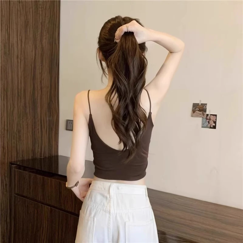 芊芊芙美背小吊带背心外穿夏季薄款细肩带短款带胸垫文胸一体上衣