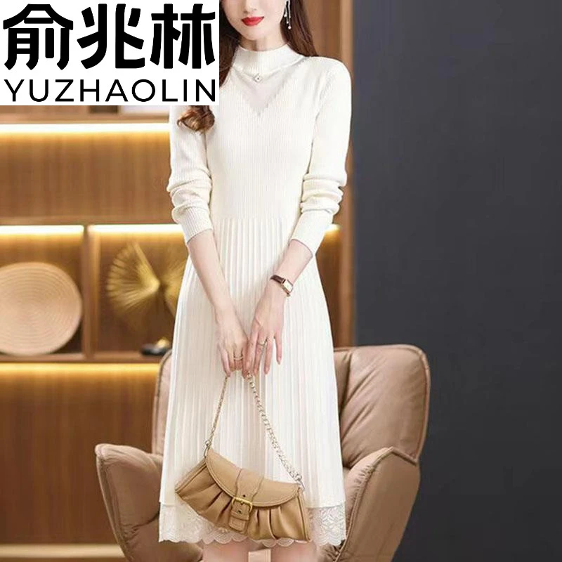 俞兆林半高领针织裙子女秋冬2023年显高显瘦中长款连衣裙