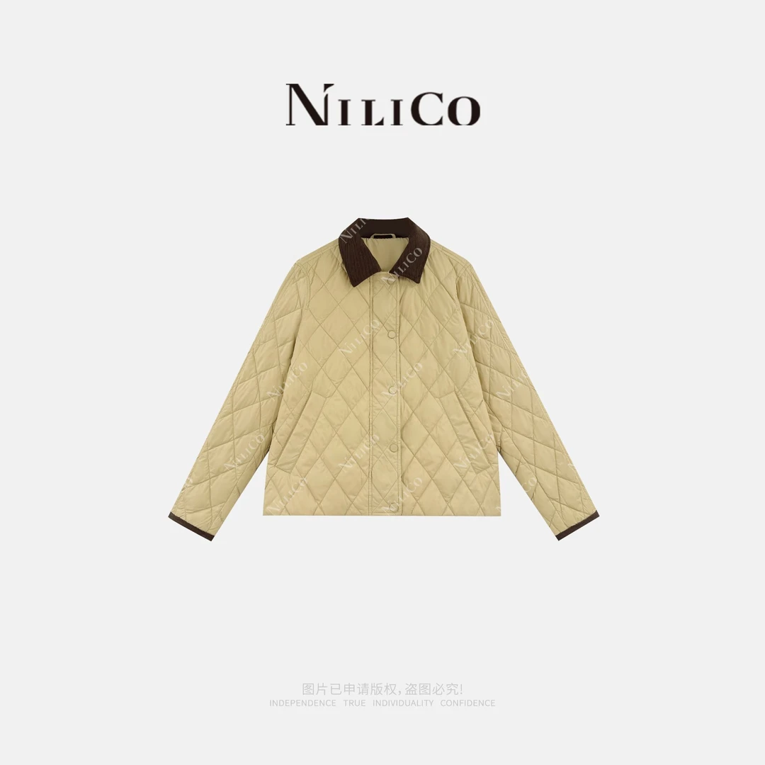 NILICO【暖意】法式浪漫街拍复古翻领时尚轻绒菱形格鹅绒服
