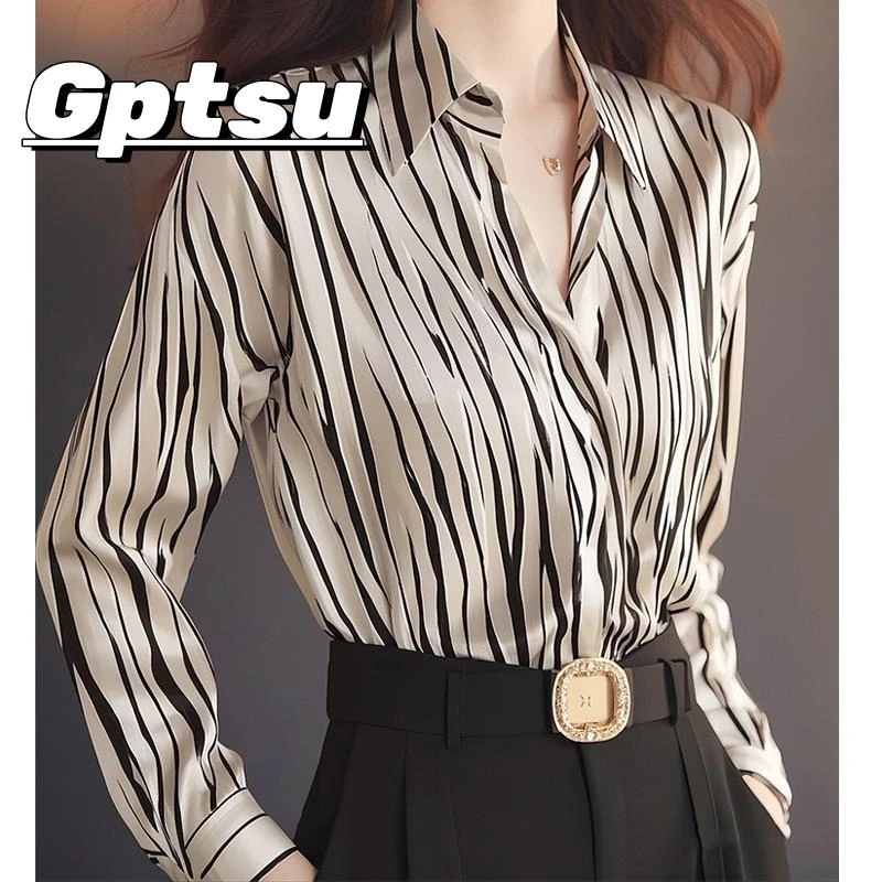 GPTSu时尚轻奢冷淡系条纹翻领长袖衬衫女新高端洋气减龄遮肉衬衣