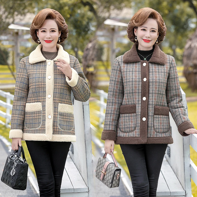中老年女装常规中年宽松型纽扣加绒妈妈装中老年加厚毛呢气质外套