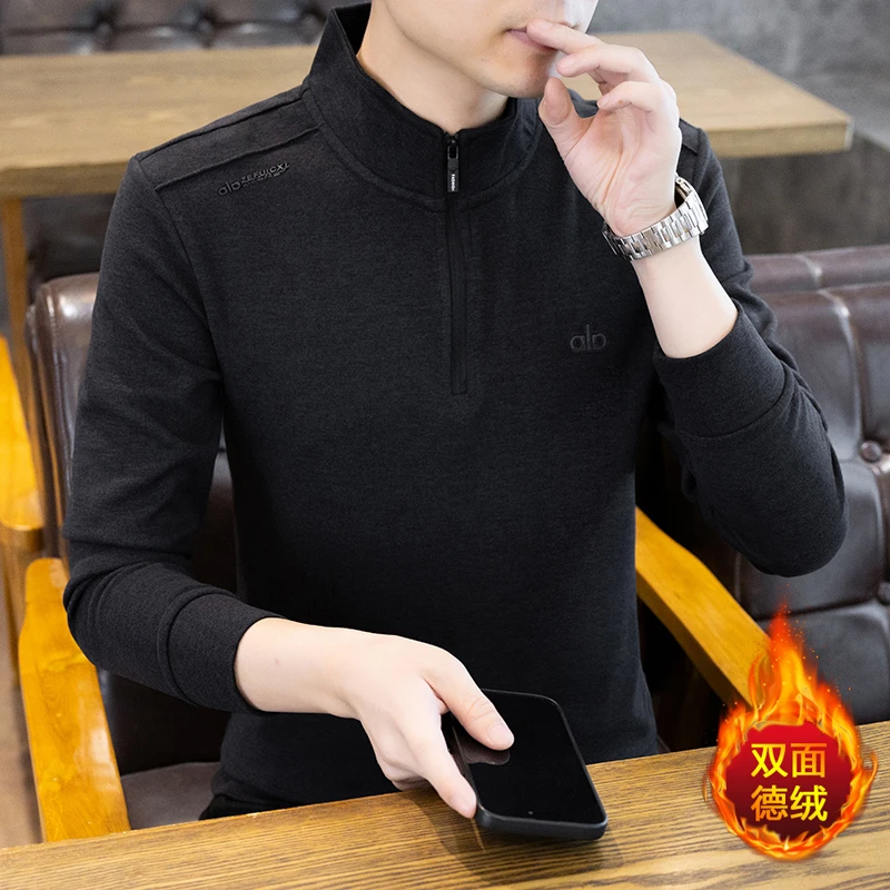 秋冬季新款男士卫衣半拉链德绒打底衫时尚潮流百搭双面绒长袖上衣