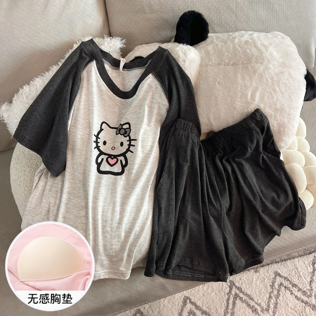 睡衣女夏季大码短袖凉感带胸垫可外穿kt猫套装夏天薄款高级家居服