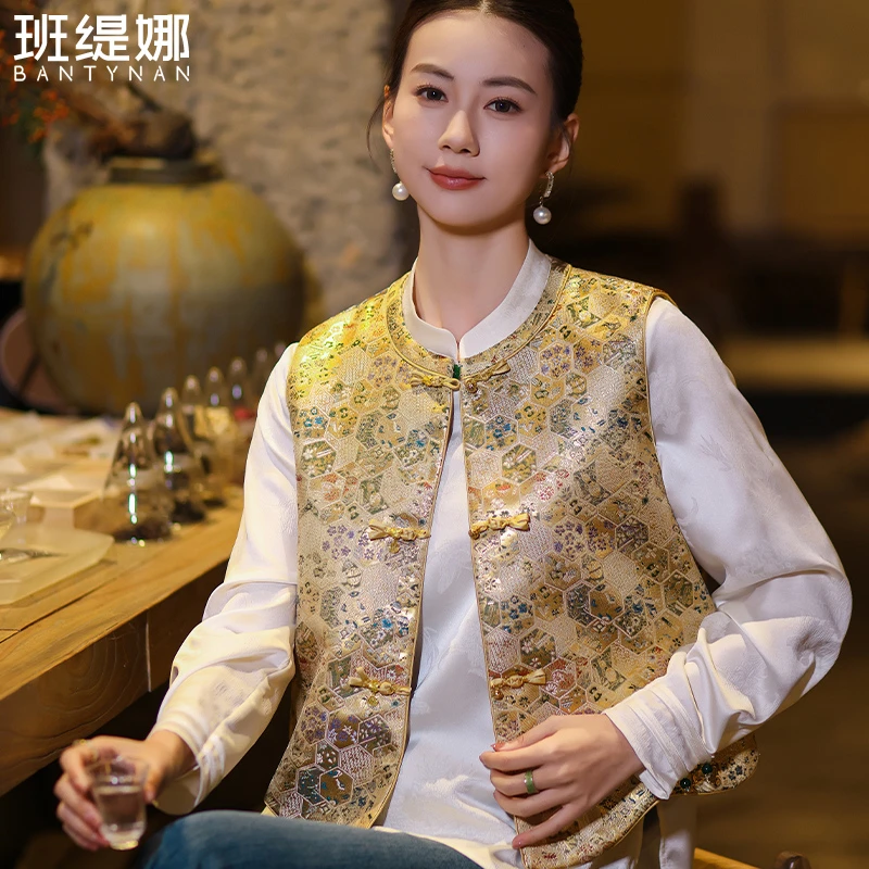 马夹圆领常规上衣印花短款提花国风国潮马甲复古中式中国风民族风