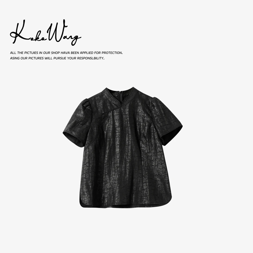 KOKO WANG夏季35姆米桑蚕丝龟裂素平缎立领上衣560685F10T43
