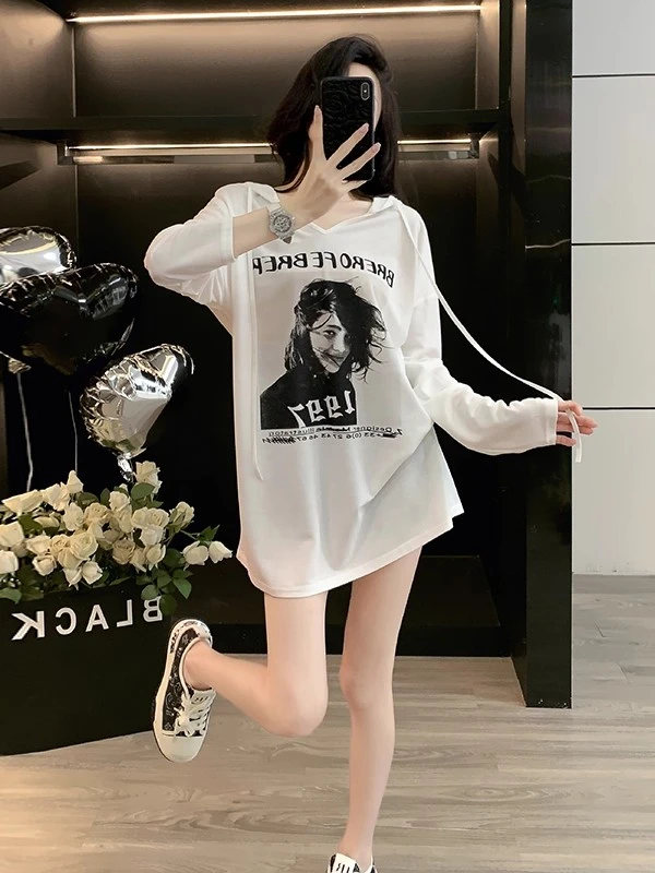 美式圆领长袖t恤女白色内搭帽衫宽松大版中长款上衣2025秋季新款