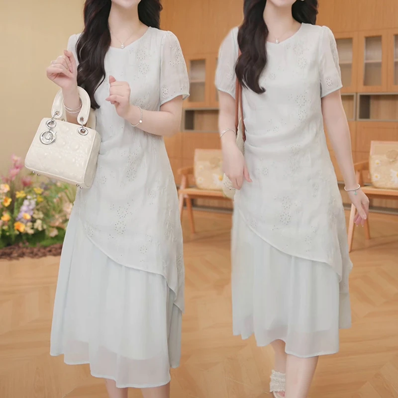 大码女装微胖夏季新款胖mm高级感清新优雅气质提花收腰显瘦连衣裙
