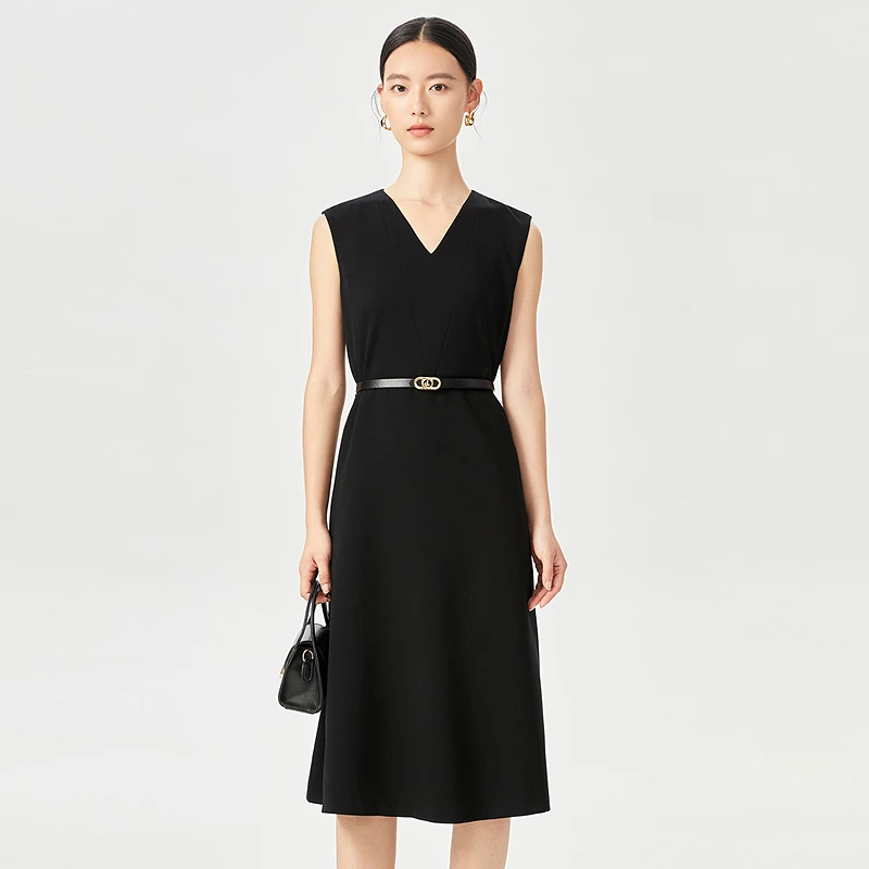 娜尔思.灵赫本风V领无袖连衣裙女2025春季新A字裙LF05962W0