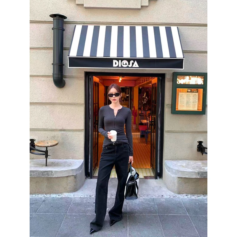 左边女装修身加绒肯豆裤2025秋季新款黑色磨毛直筒牛仔裤