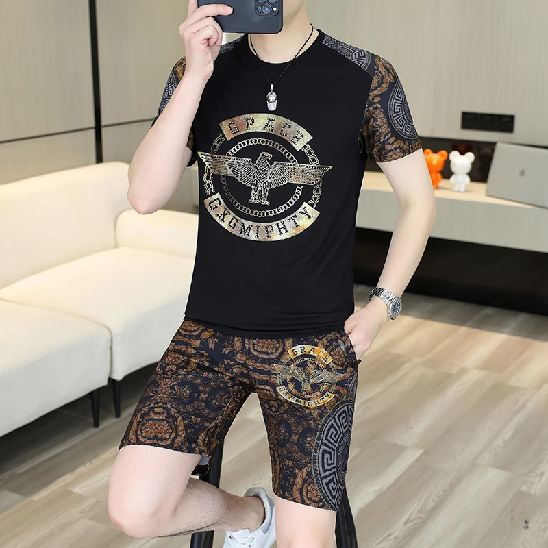 轻奢短袖男t恤潮流百搭夏季薄款圆领套装显瘦帅气半袖两件套上衣