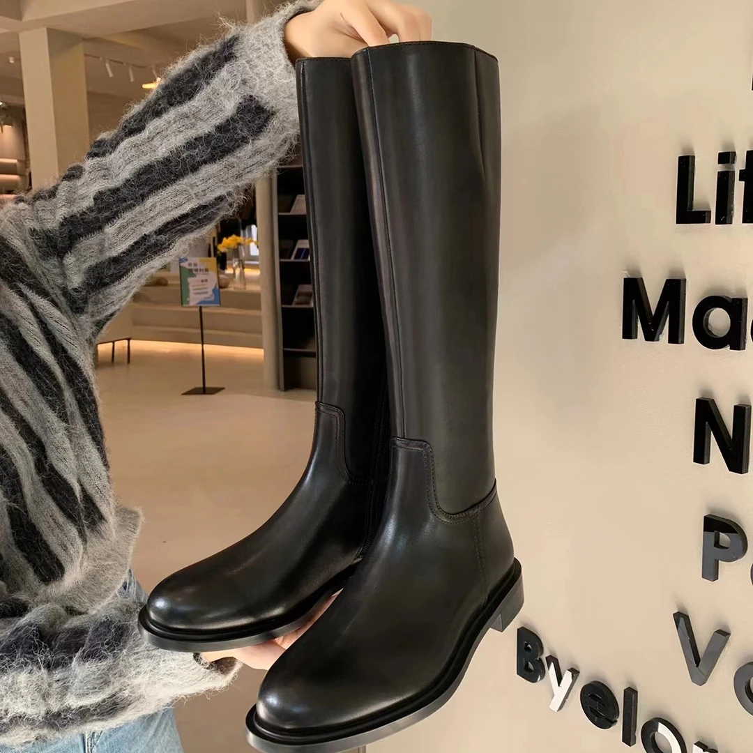 2025年秋冬显腿直同款韩版圆头金扣粗跟侧拉链加绒高筒骑士靴女靴
