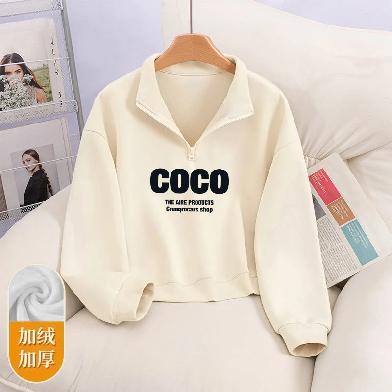 加绒加厚印花百搭小个子短款上衣女华棉新款半拉链设计感大码卫衣