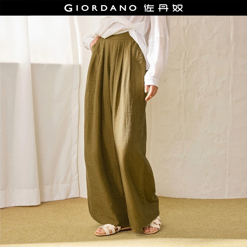 佐丹奴裤子女装竹节透纱压褶半松紧腰梭织薄阔腿长裤 18415904
