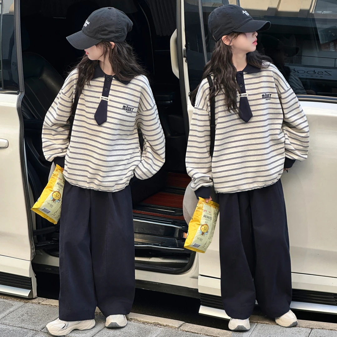 女童春秋套装2025新款6-12岁15岁中大童休闲洋气条纹学院风两件套