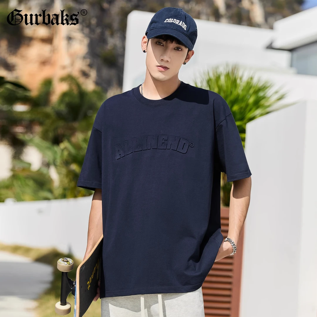 【古克】夏季新款重磅短袖T恤男美式潮牌立体钢印宽松圆领半袖