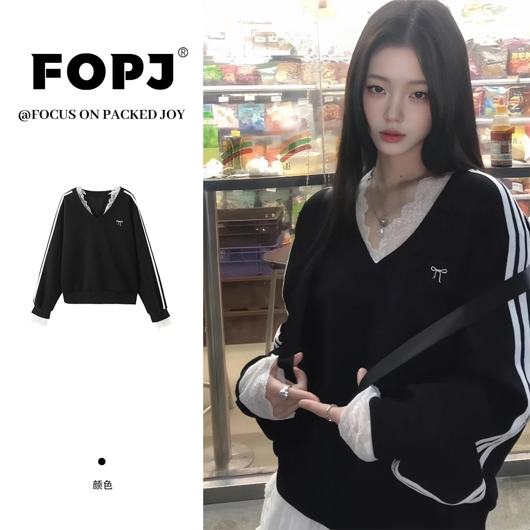 FOPJ刺绣款美式黑色大V领长袖卫衣女早秋新款时尚学院风宽松上衣