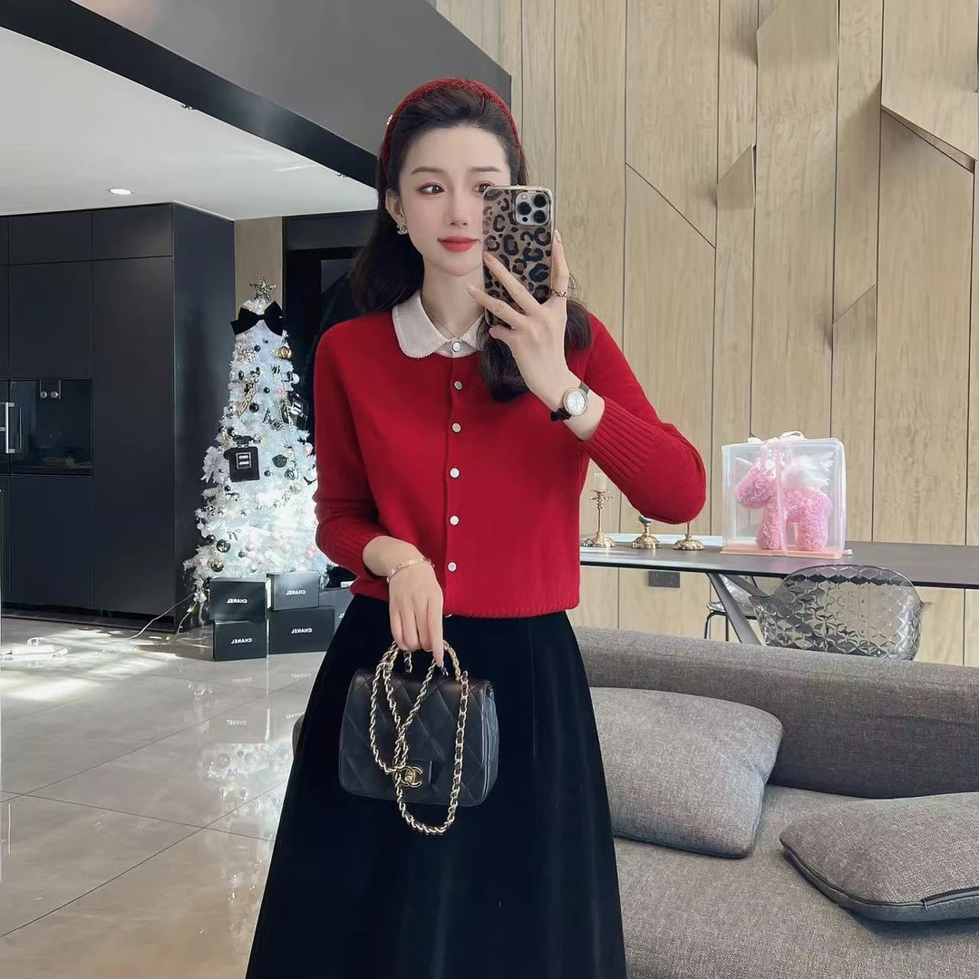 【大静静】娃娃领^复古撞色针织羊毛衫1892