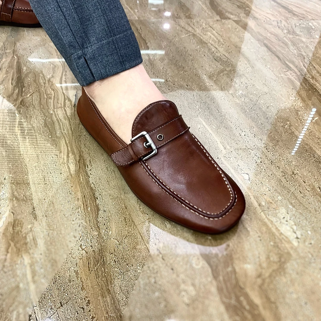 欧洲站固特异工艺马皮水洗复古做旧乐福鞋豆豆鞋一脚蹬休闲鞋皮鞋