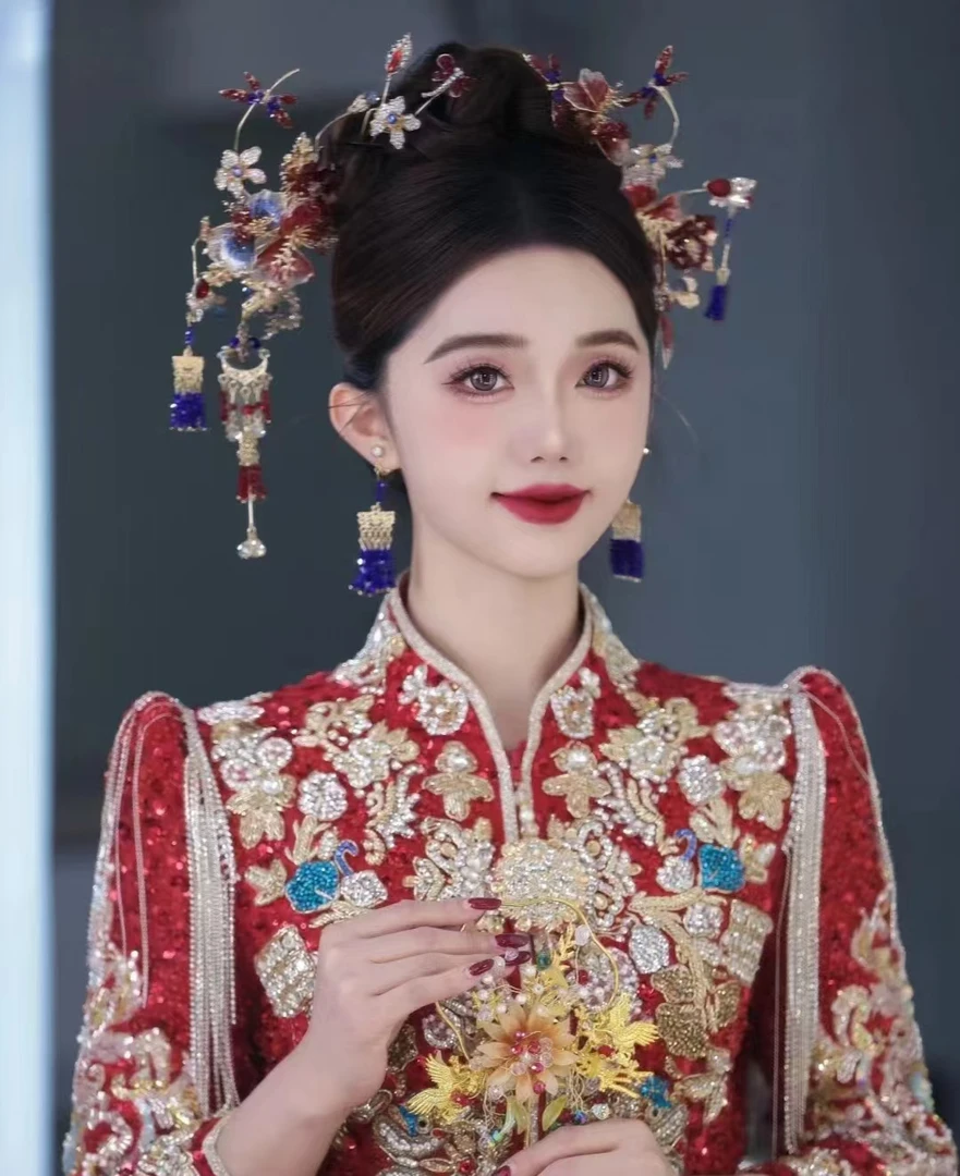 金钻新中式新款新娘结婚头饰红蓝撞色秀禾头饰古风汉服旗袍发饰品