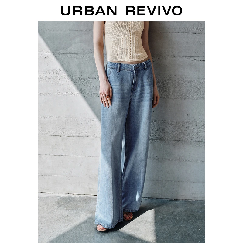 UR2025夏季新款女装波嬉风简约休闲阔腿牛仔长裤UWH850046
