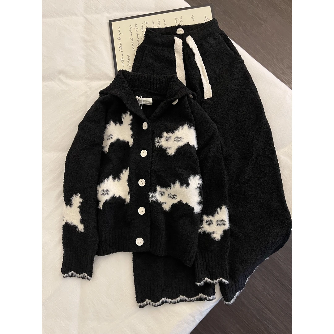 韩系可爱猫咪半边绒睡衣女秋冬季新款针织开衫保暖加厚家居服套装