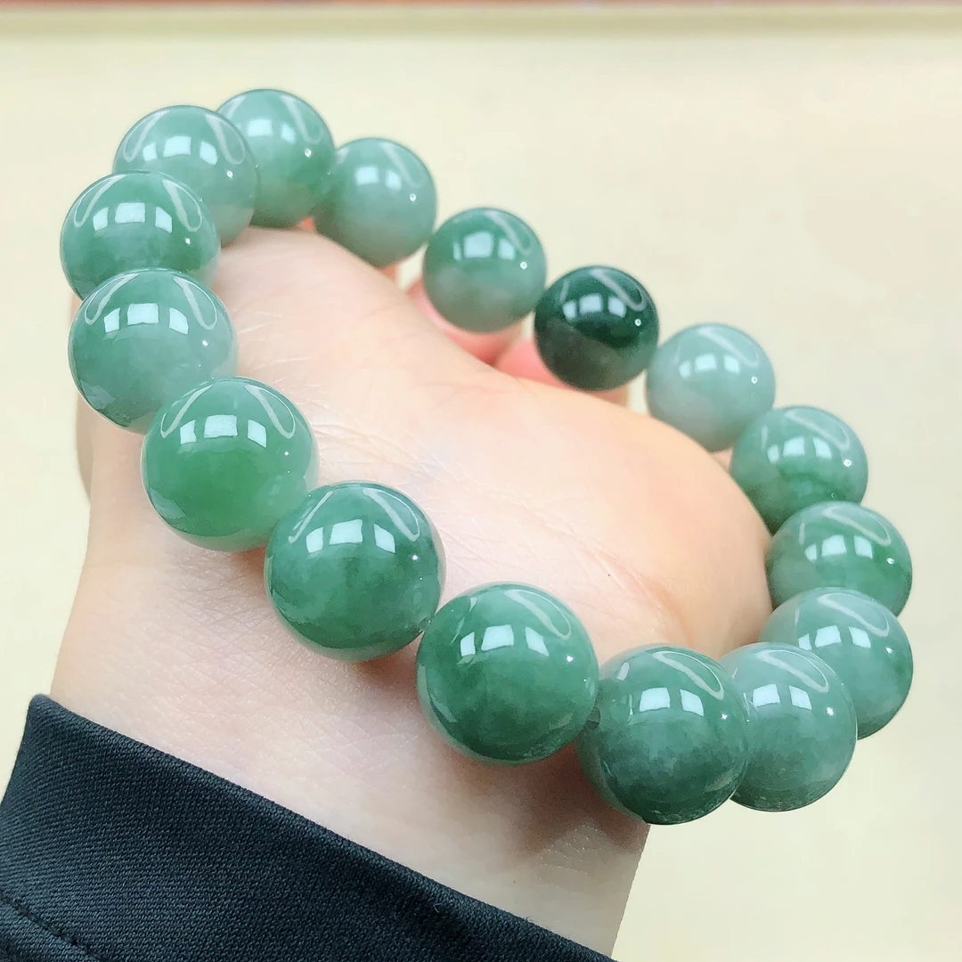 是天然a货翡翠珠宝玉石13mm冰种飘花圆珠玉珠子手串手链男女直播z