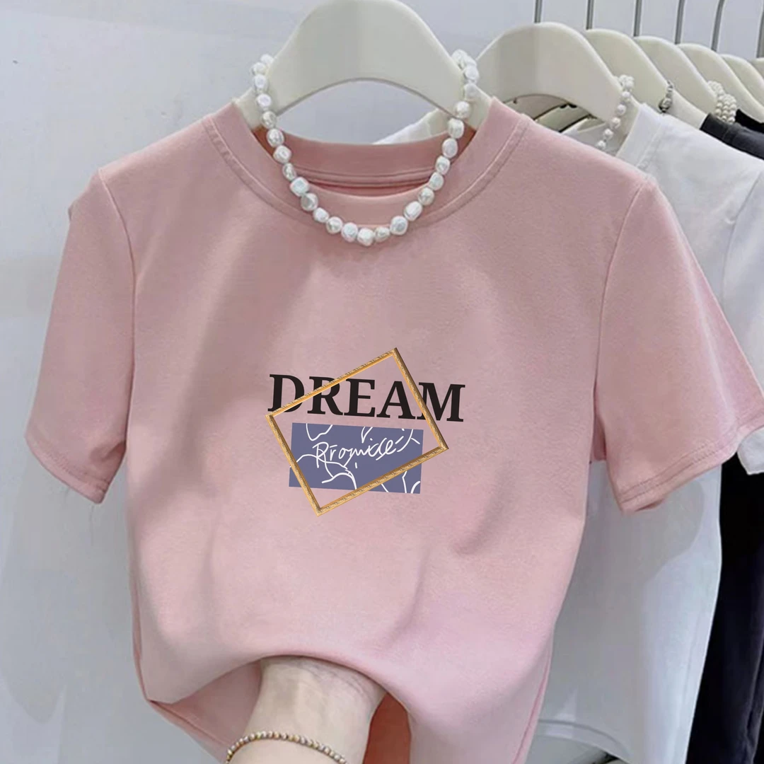 2025新款圆领相框DREAM印花纯棉短袖女洋气修身显瘦百搭上衣