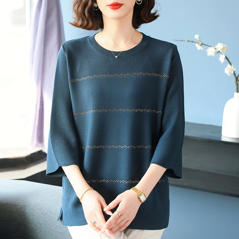 大码胖mm高级感夏装中袖上衣女七分袖高端t恤中年妈妈春夏打底衫