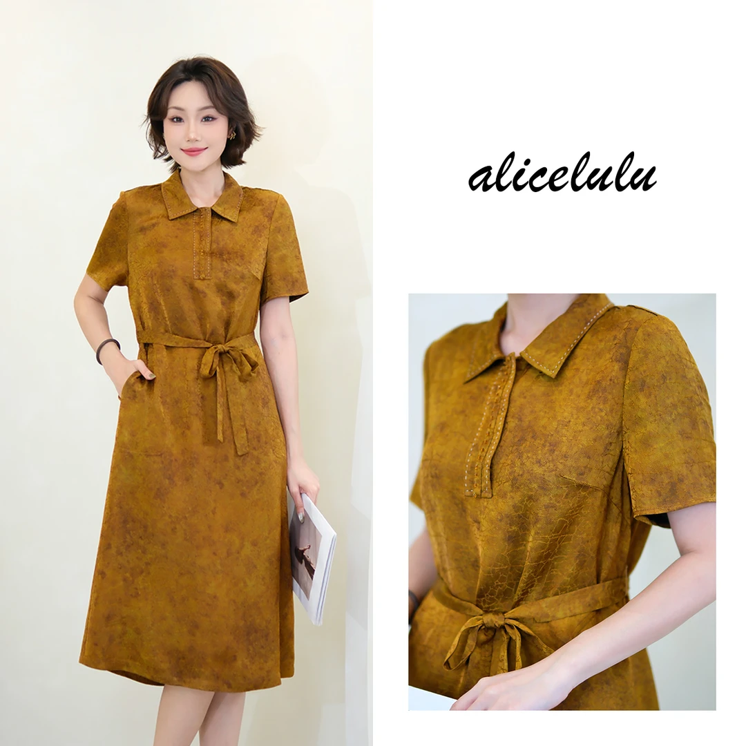 [alicelulu]复古翻领提花连衣裙气质绑带收腰S2142841E