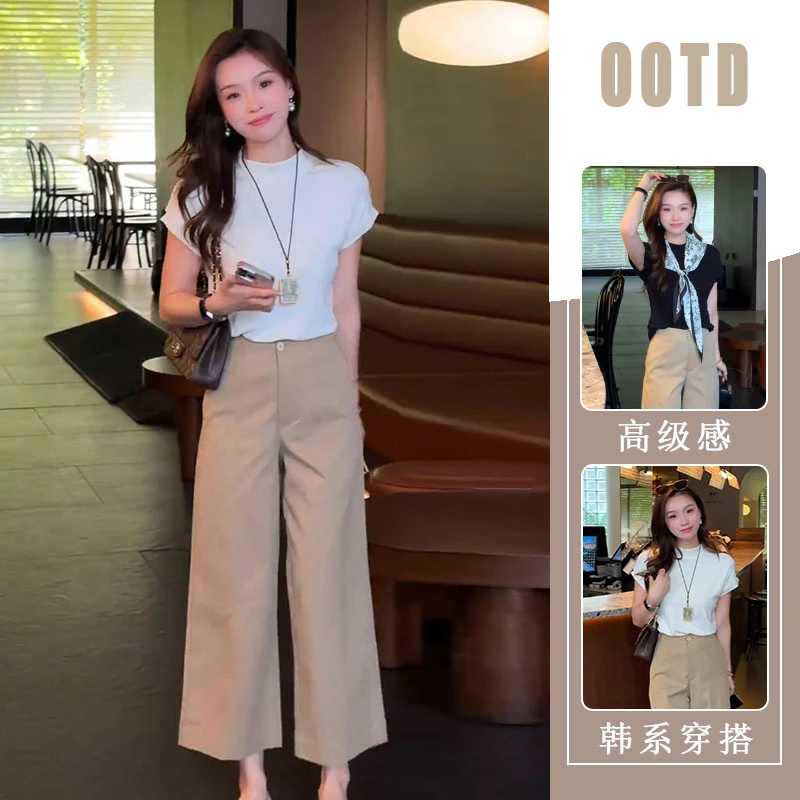 韩系高腰阔腿显瘦九分直筒休闲裤女夏新款百搭简约短袖上衣两件套
